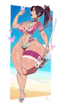1girl 2025 alternate_costume arm_up ass beach blue_sky blush border breasts butterfly butterfly_on_hand cleavage collarbone commentary criss-cross_halter curvy day english_commentary female_focus full_body furious_art green_one-piece_swimsuit hair_ribbon halterneck highleg highleg_one-piece_swimsuit highres holding holding_sword holding_weapon huge_ass index_finger_raised jewelry large_breasts leg_up long_hair looking_at_viewer marvel marvel_rivals navel official_alternate_costume one-piece_swimsuit one_eye_closed parted_lips ponytail psylocke psylocke_(breezy_butterfly) purple_eyes purple_hair purple_lips ribbon sandals shiny_skin shore sideways_glance sky solo standing standing_on_one_leg swimsuit sword thick_thighs thighlet thighs water weapon white_sandals wide_hips x-men