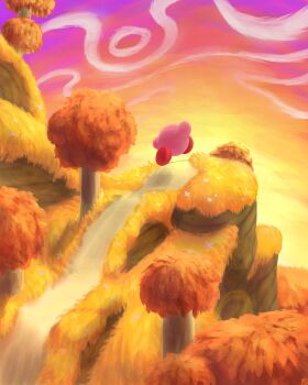 absurdres arm_up autumn cliff colored_skin commentary_request flower from_behind gradient_sky highres in-universe_location kirby kirby_star_allies kirby_(series) nintendo no_humans outdoors path pink_flower pink_skin purple_sky red_shoes road running shoes signature sky solo sunset suyasuyabi tree wind yellow_sky