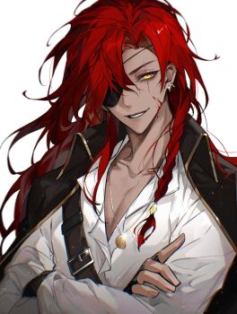 1boy absurdres belt black_belt black_gloves black_jacket blood blood_on_face braid call_of_cthulhu chinese_commentary coat collarbone collared_shirt crossed_arms dark-skinned_male dark_skin earrings eyepatch fingerless_gloves glint gloves grin hair_over_one_eye hair_over_shoulder highres jacket jacket_on_shoulders jewelry long_hair long_sleeves looking_at_viewer male_focus necklace nidexintu one_eye_covered open_collar parted_lips pectoral_cleavage pectorals red_hair scar scar_across_eye scar_on_face shirt shoulder_belt side_braid simple_background single_braid single_earring smile solo teeth upper_body white_background white_shirt yellow_eyes