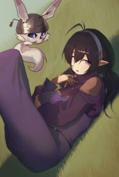 1girl 1other absurdres animal_ears antenna_hair arm_under_breasts arrow_(projectile) arrow_in_body arrow_in_head blue_sclera breasts bright_pupils brown_dust_(series) brown_dust_2 colored_sclera cracked_helmet dress elf field from_side hair_between_eyes hairband helmet highres isaac_(brown_dust_2) jewelry large_breasts legs_up lips loen_(brown_dust_2) loen_(last_hope)_(brown_dust_2) looking_at_viewer looking_to_the_side medium_hair necklace object_through_head on_grass open_mouth patchwork_clothes pointy_ears purple_dress purple_eyes purple_hair purple_hairband pyo_79 rabbit_ears shadow short_twintails skull turtleneck turtleneck_dress twintails white_pupils