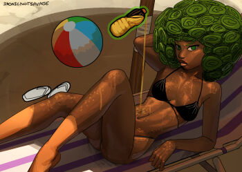 1girl afro alternate_costume alternate_hair_length alternate_hairstyle alternate_skin_color arm_behind_head arm_up ball beach beach_umbrella beachball bikini black_bikini breasts chair commentary dark-skinned_female dark_skin darkened_skin deck_chair english_commentary feet_out_of_frame floating floating_object folding_chair frown full_body green_eyes green_hair highres ironicnotsavage looking_at_viewer lotion lotion_bottle lying navel oiled on_chair one-punch_man petite shade shiny_skin small_breasts solo swimsuit tatsumaki telekinesis umbrella v-shaped_eyebrows