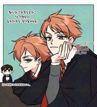 Rule 34 | 1girl, 2boys, 5 4zzz, black robe, blush stickers, border, brothers, brown eyes, brown hair, closed mouth, collared shirt, commentary request, cosplay, diagonal-striped clothes, diagonal-striped necktie, dot mouth, double-parted bangs, dress shirt, elbow rest, expressionless, fred weasley, fred weasley (cosplay), fujioka haruhi, george weasley, george weasley (cosplay), grey jacket, gryffindor, hair between eyes, hand on own chin, harry potter, harry potter (cosplay), harry potter (series), hitachiin hikaru, hitachiin kaoru, hogwarts school uniform, holding, holding paper, jacket, korean commentary, korean text, long sleeves, looking at viewer, multiple boys, necktie, orange hair, ouran high school host club, outside border, paper, parted hair, red necktie, reverse trap, robe, school uniform, shirt, short hair, siblings, smile, striped clothes, table, trait connection, translation request, twins, twitter username, watermark, white border, white shirt, wing collar, wizarding world, yellow eyes