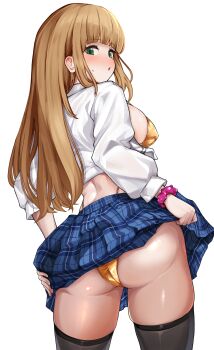 Rule 34 | 1girl, :o, anne (shingeki no bahamut), ass, bikini, bikini under clothes, black thighhighs, blonde hair, blue skirt, blunt bangs, blush, breasts, clothes lift, cowboy shot, ear blush, from behind, gold bikini, green eyes, highleg bikini bottom, large breasts, lifting own clothes, long hair, long sleeves, looking at viewer, looking back, midriff, miniskirt, open mouth, pink scrunchie, plaid clothes, plaid skirt, raldest, scrunchie, shingeki no bahamut, shirt, sideways glance, simple background, skindentation, skirt, skirt lift, solo, standing, straight hair, sweatdrop, swimsuit, thighhighs, thighs, tied shirt, white background, white shirt, wrist scrunchie