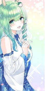 Rule 34 | 1girl, animal ears, blue skirt, blush, breasts, chinese zodiac, commentary request, detached sleeves, frog hair ornament, green eyes, green hair, hair ornament, hair tubes, highres, horse ears, horse girl, kemonomimi mode, kochiya sanae, large breasts, long hair, looking at viewer, open mouth, rainbow background, single hair tube, skirt, smile, snake hair ornament, solo, sparkle, tomo (uguisu-tei), touhou, year of the horse