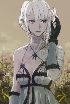 1girl bandaged_arm bandaged_neck bandages black_gloves blue_negligee blue_sleeves braid braided_hair_rings breasts brown_eyes cleavage closed_mouth field flower flower_field gloves hair_flower hair_ornament hair_rings hand_in_own_hair highres kaine_(nier) lingerie long_hair meadow medium_breasts negligee nier_(series) nutori_manga single_bare_shoulder solo underwear upper_body white_flower white_hair
