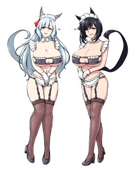 2girls alternate_breast_size_(larger) alternate_costume animal_ears apron bikini black_bikini black_garter_straps black_hair black_shoes blue_eyes blue_hair blush breasts brown_thighhighs commentary_request commission deno_(denomina0) detached_collar ear_ornament eishin_flash_(umamusume) enmaided eyepatch_bikini frilled_apron frilled_bikini frills full_body garter_straps gloves half-closed_eyes heart high_heels highres horse_ears horse_girl horse_tail huge_breasts long_hair looking_at_viewer maid maid_apron maid_bikini maid_headdress medium_hair mejiro_ardan_(umamusume) multiple_girls open_mouth own_hands_together parted_bangs pink_eyes shoes simple_background skeb_commission skindentation smile standing swimsuit tail thigh_gap thighhighs umamusume unconventional_maid v_arms very_long_hair waist_apron white_background white_gloves wing_collar