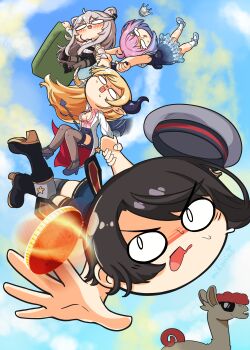 4girls black_boots black_hair blonde_hair blue_dress blue_shorts boots commentary_request dress falling grey_hat hat highres himemori_luna himemori_luna_(sundress) holding_hands hololive lab_coat long_hair midori_no_iroha multiple_girls official_alternate_costume oozora_subaru oozora_subaru_(suspenders) pink_hair sailor_hat shishiro_botan shishiro_botan_(button-down) short_dress short_hair shorts subachocolunatan_(hololive) swept_bangs v-shaped_eyebrows virtual_youtuber wide_oval_eyes yuzuki_choco yuzuki_choco_(1st_costume)