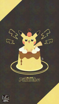 Rule 34 | cake, cherry, food, fruit, gen 1 pokemon, highres, lightning bolt symbol, meme (sleepsheep), nintendo, no humans, on head, pikachu, pokemon, pokemon (creature), pokemon focus, smile, solo, tail, tongue, tongue out