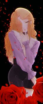 1boy absurdres alt_o_ekaki black_background black_choker blurry blurry_foreground choker chromatic_aberration contrast_collar cowboy_shot curly_hair curtained_hair drill_hair drill_sidelocks eyeshadow falling_petals finger_to_mouth frilled_shirt_collar frilled_sleeves frills green_eyes hand_on_own_opposite_thigh hand_up head_tilt high-waist_shorts highres light_blush lips long_eyelashes long_hair looking_at_viewer makeup male_focus maraich_juschenfe narrowed_eyes orange_hair outer_glow parted_lips patalliro! petals pink_eyeshadow plunging_neckline red_petals short_shorts shorts sidelocks sleeves_past_wrists solo standing straight-on thigh_gap trap v-neck