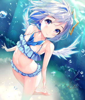 1girl alternate_costume amane_kanata angel angel_wings asymmetrical_bangs asymmetrical_hair ball bare_shoulders bikini blue_hair blush bob_cut bracelet collarbone colored_inner_hair commentary_request feathered_wings frilled_bikini frills grey_hair hair_behind_ear hair_between_eyes hair_over_one_eye halo highres hololive jewelry looking_at_viewer midriff mogmog multicolored_hair navel purple_eyes short_hair single_hair_intake solo star_halo streaked_hair swimsuit two-tone_hair underwater virtual_youtuber wings yellow_halo