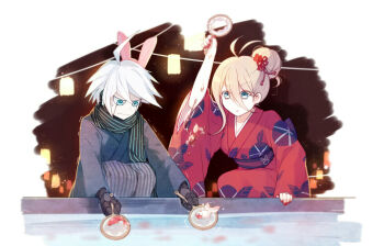 1boy 1girl ahoge alternate_costume androgynous animal_ear_hairband animal_ears antenna_hair aqua_eyes back_bow black_hakama black_kimono black_scarf blonde_hair blue_bow blue_eyes border bow closed_mouth cowboy_shot danganronpa_(series) danganronpa_v3:_killing_harmony detached_sleeves fake_animal_ears fish flower flower_knot frown goldfish goldfish_scooping hair_between_eyes hair_bun hair_flower hair_ornament hair_ribbon hairband hakama hakama_pants hiragi_rin iruma_miu japanese_clothes k1-b0 kimono lantern long_hair_between_eyes long_sleeves motion_blur nail_polish nervous nervous_sweating night obi outside_border pants paper_lantern parted_lips pink_hairband print_kimono rabbit_ear_hairband rabbit_ears red_flower red_kimono red_nails red_ribbon ribbon sash scarf short_hair_with_long_locks single_hair_bun single_sidelock spiked_hair squatting striped_clothes striped_scarf sweat swept_bangs tassel tassel_hair_ornament updo water_drop wavy_hair white_border white_hair wide_sleeves yukata