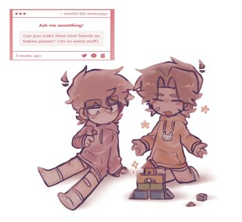 2boys aged_down animal_print belo_icey brown_hair candy child closed_eyes commentary eddsworld english_commentary food highres hood hood_down hoodie jitome lollipop male_focus multiple_boys patryck_(eddsworld) paul_(eddsworld) rabbit_print short_hair simple_background sitting smile socks strawpage thick_eyebrows thick_lineart toy white_background