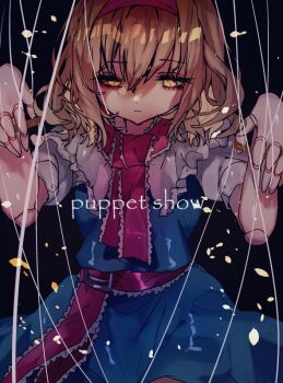 1girl alice_margatroid black_background blonde_hair blue_dress capelet closed_mouth commentary_request cowboy_shot doll_joints dress english_text expressionless hair_between_eyes hairband joints neckerchief one-hour_drawing_challenge red_hairband red_neckerchief red_sash sash shinjitsu_no_kuchi shirt short_hair solo string touhou white_capelet white_shirt yellow_eyes