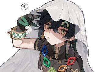 Rule 34 | 1boy, ?, black hair, closed mouth, commentary, crossed bangs, diamond-shaped pupils, diamond (shape), earrings, genshin impact, gloves, green eyes, green headband, headband, jewelry, kinich (genshin impact), looking at viewer, male focus, multicolored hair, nana668, short sleeves, simple background, solo, spoken question mark, symbol-only commentary, symbol-shaped pupils, under covers, upper body, white background