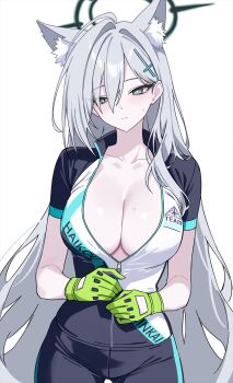 1girl ahoge animal_ear_fluff animal_ears bike_jersey black_halo blue_archive blue_eyes blush breasts cleavage clothes_writing collarbone cross cross_hair_ornament cycling_uniform dark_halo extra_ears gloves green_gloves grey_hair hair_between_eyes hair_ornament halo highres inverted_cross large_breasts long_hair marisasu_(marisa0904) mismatched_pupils no_bra official_alternate_costume partially_unzipped shiroko_(blue_archive) shiroko_(cycling)_(blue_archive) shiroko_terror_(blue_archive) short_sleeves simple_background solo sweatdrop thigh_gap white_background wolf_ears wolf_girl zipper