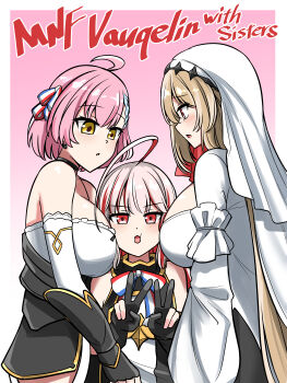 3girls absurdres ahoge azur_lane between_breasts black_choker blonde_hair blush breast_smother breasts character_name choker double_v dress face_to_breasts french_flag hair_ribbon head_between_breasts highres jack_(hosuhosu) kersaint_(azur_lane) large_breasts multicolored_hair multiple_girls nun open_mouth petite pink_hair red_eyes red_hair red_streaks ribbon short_hair siblings sisters tartu_(azur_lane) v vauquelin_(azur_lane) white_dress yellow_eyes