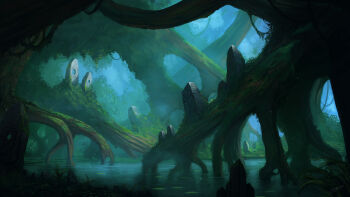 Rule 34 | grass, jjcanvas, landscape, leaf, light particles, lily pad, nature, no humans, original, outdoors, painterly, plant, plant roots, pond, rock, signature, tree, vines, water