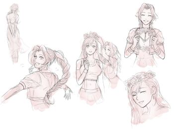 2girls aerith_gainsborough anna_m bare_shoulders bracelet braid braided_ponytail closed_eyes commentary crop_top cropped_torso dress elbow_gloves english_commentary final_fantasy final_fantasy_vii final_fantasy_vii_rebirth final_fantasy_vii_remake from_behind gloves hair_ribbon head_wreath holding_head_wreath jacket jewelry light_blush long_hair multiple_girls multiple_views open_clothes open_jacket open_mouth parted_bangs parted_lips ponytail ribbon short_sleeves simple_background skirt smile suspender_skirt suspenders tank_top tifa_lockhart upper_body white_background