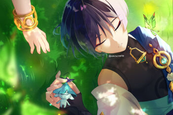 1boy absurdres anemo_symbol_(genshin_impact) aqua_gemstone aqua_hair aqua_kimono aranara_(genshin_impact) ararycan_(genshin_impact) armor black_bodysuit black_bridal_gauntlets black_hair blue_cape blunt_ends bodysuit bracelet bridal_gauntlets cape closed_eyes colored_tips covered_collarbone crystalfly_(genshin_impact) curled_fingers doll eyeliner eyeshadow facing_viewer feathers fingernails gem genshin_impact gold hand_on_ground highres holding holding_doll japanese_armor japanese_clothes jewelry juban kimono kote kurokote lying makeup multicolored_hair nahida_(genshin_impact) on_back on_grass open_clothes open_kimono pom_pom_(clothes) purple_hair red_eyeliner red_eyeshadow scaramouche_(genshin_impact) single_off_shoulder streaked_hair teardrop twitter_username uminato unconscious vision_(genshin_impact) wanderer_(genshin_impact) white_kimono white_sleeves wispy_bangs yellow_feathers