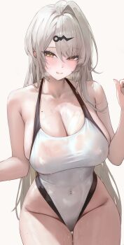 1girl :q absurdres alternate_costume blush breasts chinese_commentary closed_mouth far_side grey_background grey_hair hair_ornament hairclip highleg highleg_one-piece_swimsuit highres large_breasts mole mole_on_breast one-piece_swimsuit revision simple_background solo swimsuit tongue tongue_out wet wet_clothes wet_swimsuit white_one-piece_swimsuit yellow_eyes yixuan_(zenless_zone_zero) zenless_zone_zero