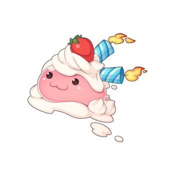 :3 candle chibi chibi_only food fruit full_body no_humans official_art poring ragnarok_online simple_background slime_(creature) solo strawberry transparent_background whipped_cream yuichirou