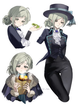 Rule 34 | absurdres, animal, ascot, bag, black capelet, black coat, black hat, black pants, black vest, blue bow, boater hat, bow, capelet, coat, collared shirt, commentary request, cropped legs, cropped torso, food, food on face, frog, fur-trimmed capelet, fur trim, grey eyes, grey hair, hair bun, hat, hat bow, highres, holding, holding animal, holding bag, lune (illust lune), multiple views, official alternate costume, pants, paper bag, reverse:1999, roasted sweet potato, shirt, short hair, single side bun, steam, sweet potato, twitter username, vertin (reverse:1999), vertin (winter) (reverse:1999), vest, waistcoat, white ascot, white background, white shirt