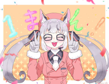 1girl animal_ears brown_hair extra_ears fox_ears fox_girl glasses gloves grey_hair hat highres island_fox_(kemono_friends) jacket kedama_(ughugjydthjdf) kemono_friends kemono_friends_v_project looking_at_viewer microphone necktie orange_background ribbon shirt simple_background solo twintails upper_body virtual_youtuber