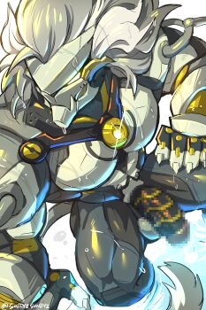 1boy absurdres artificial_eye banyue_(zenless_zone_zero) biceps claws glowing glowing_eyes hand_on_own_leg highres humanoid_robot looking_to_the_side mechanical_eye mechanical_hands mechanical_legs mechanical_penis mechanical_tail muscular muscular_male orb penis robot robot_boy robot_penis sitting sollyz solo tail testicles topless_male twitter_username water wet white_background white_hair zenless_zone_zero