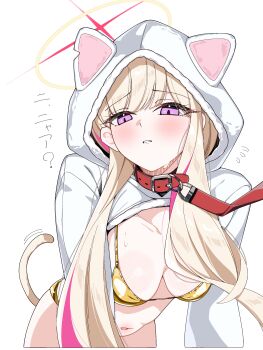 1girl absurdres all_fours animal_collar animal_hood bikini blonde_hair blonde_student_council_president_(blue_archive) blue_archive blush breasts cat_hood cat_tail collar commentary_request curvy from_below frown gold_bikini halo highres hood large_breasts leash long_hair looking_at_viewer multicolored_hair narrow_waist pet pet_play purple_eyes purple_hair red_halo red_leash revealing_clothes shiny_skin sim_(sim_dr1) simple_background solo streaked_hair sweatdrop swimsuit tail walking white_background yellow_halo
