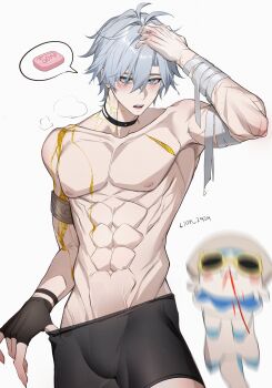 1boy abs absurdres bandaged_arm bandages black_choker black_gloves black_male_underwear blue_eyes choker fingerless_gloves gloves grey_hair hair_between_eyes highres honkai:_star_rail honkai_(series) lion_2929 male_focus male_underwear muscular muscular_male navel neck_tattoo nipples phainon_(honkai:_star_rail) short_hair single_glove soap solo stomach tattoo topless_male underwear