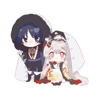 1boy 1girl artist_request black_bodysuit black_bow black_eyes black_hair black_shoes black_shorts black_sleeves black_socks blunt_ends blush bodysuit bow chibi closed_mouth coat coat_over_head collar commission commissioner_insert couple eyeliner eyeshadow fatui_coat footwear_bow frown fur-trimmed_coat fur-trimmed_hood fur_trim genshin_impact gold hair_between_eyes hands_on_own_cheeks hands_on_own_face hayami_momo_(hayamimomo) hetero highres hood hood_up hooded_coat hoodie improvised_umbrella japanese_clothes juban kimono lace-trimmed_bow lace-trimmed_sleeves lace_trim layered_shorts long_hair long_sleeves looking_at_another looking_up makeup mole mole_under_eye oc_x_canon open_clothes open_kimono original pink_eyes purple_sash purple_shorts red_eyeliner red_eyeshadow red_kimono sash scaramouche_(genshin_impact) second-party_source seigaiha shoes shorts side-by-side smile socks squatting standing tareme very_long_hair white_background white_coat white_collar white_hair white_hoodie white_kimono white_sleeves wide_sleeves wispy_bangs