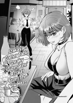 2girls ahoge alcohol angry anna_ayasaki beer beer_mug belt belt_buckle blush bottle breasts broken_bottle buckle choker cleavage closed_mouth collared_shirt commentary cup dress earrings english_commentary english_text food greyscale hair_between_eyes highres indoors jewelry large_breasts looking_at_another looking_at_viewer monochrome mug multiple_girls necktie original pants people pout seductive_smile shirt short_hair sitting sleeveless sleeveless_dress smile standing stud_earrings studionice2011 sweat table tongue tongue_out