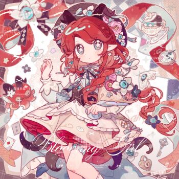 1girl argyle_bow argyle_bowtie argyle_clothes blue_bow blue_bowtie blue_eyes bow bowtie braid brown_hat closed_mouth commentary dot_nose dress fanqiealxe feet_out_of_frame hand_up hat highres horns key long_hair long_sleeves looking_at_viewer original parted_bangs pointy_ears red_hair socks solo standing star-shaped_pupils star_(symbol) symbol-only_commentary symbol-shaped_pupils teapot twin_braids watermark white_dress white_socks