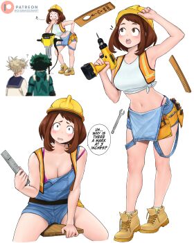 1boy 2girls ? absurdres alternate_costume arm_up artist_name blonde_hair blue_overalls blue_sailor_collar bodysuit boku_no_hero_academia boots bra breasts brown_eyes brown_hair cleavage commentary crop_top denim_overalls dismaiden double_bun english_commentary english_text green_bodysuit green_hair hair_bun hard_hat helmet high-visibility_clothing high-visibility_vest highres holding_ruler jackhammer large_breasts looking_at_viewer messy_hair midoriya_izuku multiple_girls multiple_views navel open_mouth overalls patreon_username pink_bra power_drill sailor_collar shirt simple_background sitting speech_bubble standing teeth toga_himiko tool_belt tools underwear uraraka_ochako white_background white_shirt yellow_boots
