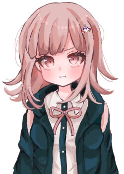 Rule 34 | 1girl, blush, breasts, brown hair, collared shirt, commentary request, danganronpa (series), danganronpa 2: goodbye despair, flipped hair, hair ornament, highres, hood, jacket, long sleeves, looking at viewer, medium breasts, medium hair, nanami chiaki, neck ribbon, nunu (pos 9862), open clothes, open jacket, pink eyes, pink ribbon, pout, ribbon, shirt, solo, upper body, white shirt