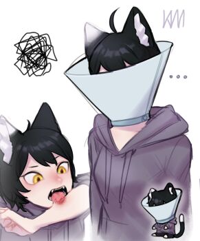 Rule 34 | ..., 1girl, ahoge, animal ear fluff, animal ears, artist name, black hair, cat ears, cat girl, cat tail, chibi, chibi inset, dungeon meshi, highres, hood, hoodie, injury, izutsumi, kimchunsik, licking own arm, pet cone, red scarf, scarf, short hair, simple background, slit pupils, solo, tail, white background, yellow eyes