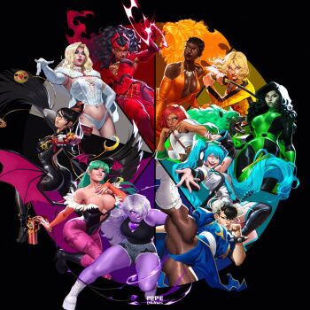 6+girls ;d amethyst_(steven_universe) animal_print aqua_hair arrow_(symbol) ass avengers_(series) bat_print bat_wings bayonetta bayonetta_(series) bayonetta_1 beatrix_kiddo black_background black_bodysuit black_hair black_lips black_shirt black_vs_white blonde_hair blue_eyes blue_hair blunt_bangs bodice bodysuit boots bracelet breasts bridal_gauntlets brown_pantyhose bruce_lee&#039;s_jumpsuit bun_cover capcom chest_jewel china_dress chinese_clothes chun-li cleavage color_wheel_challenge colored_skin commentary crossover cutoffs dark-skinned_female dark_skin darkstalkers dc_comics demon_girl dog double_bun dress emma_frost english_commentary eyeshadow female_focus fur-trimmed_leotard fur_trim gem giovanna_(guilty_gear) glasses gloves green_bodysuit green_dog green_fur green_skin groin_tendon guilty_gear guilty_gear_strive gun hair_bun hair_over_one_eye hatsune_miku head_wings highleg highleg_leotard highres holding holding_gun holding_sword holding_weapon jewelry jumpsuit katana kicking kill_bill kim_possible_(series) large_breasts leotard lion long_hair looking_at_viewer looking_to_the_side magic makeup marvel marvel_rivals medium_breasts mole mole_under_mouth morrigan_aensland multicolored_bodysuit multiple_crossover multiple_drawing_challenge multiple_girls navel necklace off-shoulder_leotard official_alternate_costume one_eye_closed open_mouth orange_bodysuit orange_eyes panties pantyhose parted_lips pepedraws pink_bridal_gauntlets pixie_cut plunging_neckline print_pantyhose purple_eyes purple_gemstone purple_pantyhose purple_skin rainbow_order reaching reaching_towards_viewer recycling_symbol red_dress red_eyeshadow red_gloves red_hair red_lips rei_(guilty_gear) scarlet_witch scarlet_witch_(emporium_matron) shego shirt short_hair sleeves_pushed_up smile spiked_bracelet spikes steven_universe street_fighter suspenders sword tooth_necklace torn_clothes torn_shirt twintails underwear vixen_(dc) vocaloid wanda_maximoff weapon white_bodice white_boots white_gloves white_hair white_panties wings wolf x-men yellow_eyes yellow_jumpsuit