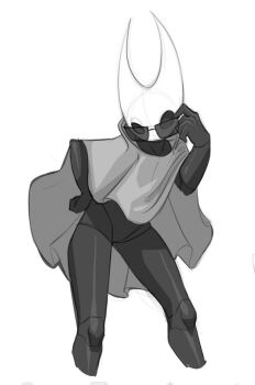 1girl adjusting_eyewear arthropod_girl cloak cropped_legs female_focus furry furry_female greyscale half-closed_eye hand_on_own_hip highres hollow_eyes hollow_knight hollow_knight:_silksong hornet_(hollow_knight) joints leaning_forward looking_at_viewer monochrome naked_cloak nifaumo shiny_skin simple_background sketch solo standing sunglasses thighs uneven_eyes white_background