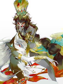 2girls absurdres armlet beak black_hair breasts demon_girl dog_girl earrings furry furry_female glint gold_armlet gold_earrings hellaverse helluva_boss highres jewelry long_hair looking_at_viewer loona_(helluva_boss) lying medium_breasts multi-tied_hair multiple_girls octavia_(helluva_boss) on_side owl_girl red_eyes revealing_clothes skirt slit_pupils very_long_hair white_hair zhu_xing_pupupu