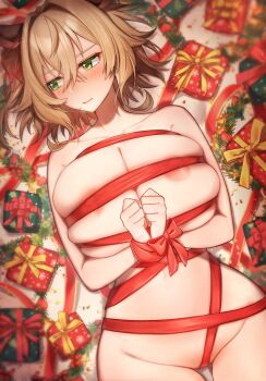 1girl animal_ears areola_slip averting_eyes bdsm blonde_hair blush bondage bound bound_wrists breasts christmas_present commentary english_commentary female_focus gift gift_wrapping green_eyes highres huge_breasts indie_virtual_youtuber large_breasts nimi_nightmare nude short_hair tapir_ears tapir_girl thighs under_eko virtual_youtuber wide_hips