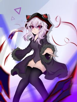 blurry blurry_background blurry_foreground breasts coat command_&amp;_conquer command_&amp;_conquer:_red_alert command_&amp;_conquer:_red_alert_2 dart fur_trim highres hood hood_up hoodie incoming_attack knees_together_feet_apart leotard libra_(mental_omega) looking_at_viewer medium_breasts medium_hair mental_omega_(mod) motion_blur pink_hair purple_coat red_eyes shadow small_breasts telekinesis thighhighs thighs triangle user_fryw8552