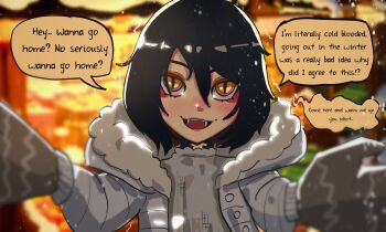 1girl :d absurdres basedbinkie black_hair blush coat cold commentary english_commentary english_text fangs highres incoming_hug looking_at_viewer meme nose_blush open_mouth original outdoors pov pov_cheek_warming_(meme) reptile_girl short_hair slit_pupils smile solo speech_bubble upper_body winter xiang_(basedbinkie) yellow_eyes