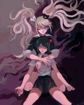 2girls absurdres arms_around_neck arms_around_shoulders bear_hair_ornament between_legs black_hair black_shirt black_skirt blonde_hair blue_eyes choker cuddling danganronpa:_trigger_happy_havoc danganronpa_(series) enoshima_junko fake_nails fingernails full_body grey_eyes hair_ornament highres holding holding_person ikusaba_mukuro incest kneeling long_hair looking_at_viewer multiple_girls nail_polish one_eye_closed red_nails red_skirt shirt short_sleeves siblings simple_background sisters sitting skirt smile spread_legs twincest twins twintails white_shirt wink yuri
