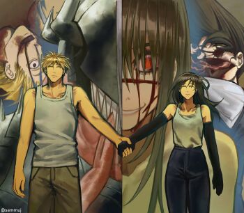 2boys 2girls black_gloves black_hair black_pants blonde_hair blood blood_from_mouth bloody_tears brown_pants chainsaw_devil chainsaw_man closed_eyes closed_mouth denji_(chainsaw_man) elbow_gloves gloves grey_tank_top highres holding_hands long_hair mitaka_asa multiple_boys multiple_girls pants red_eyes ringed_eyes sammuij scar scar_on_face short_hair tank_top yoru_(chainsaw_man)