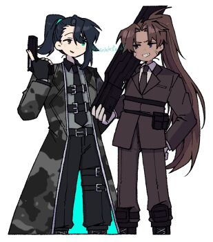 Rule 34 | 2boys, black coat, black gloves, black hair, black jacket, black necktie, black pants, brown hair, chest harness, coat, collared shirt, cowboy shot, formal clothes, full-stop office (identity) (project moon), gloves, grin, gun, hair intakes, handgun, harness, heathcliff (project moon), highres, holding, holding gun, holding weapon, hong lu (project moon), jacket, limbus company, long hair, long sleeves, multiple boys, nantekottawo!!, necktie, open mouth, pants, ponytail, pouch, project moon, rifle, shirt, simple background, smile, standing, suit, trigger discipline, very long hair, weapon, white background, white shirt