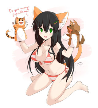 1girl animal_ears artist_self-insert bikini black_hair blush breasts cat_ears cat_tail english_text female_focus front-tie_top green_eyes hair_ornament hairclip hand_puppet highres large_breasts long_hair looking_at_viewer open_mouth original puppet side-tie_bikini_bottom sitting sollyz solo striped_bikini striped_clothes swimsuit tail wariza