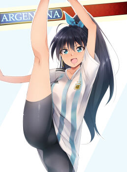 1girl 2018_fifa_world_cup adidas antenna_hair argentina argentinian_flag argentinian_flag_print bike_shorts black_hair black_shorts blue_sky cloud cowboy_shot earrings fang female_focus flag_print ganaha_hibiki high_kick high_ponytail highres hoop_earrings idolmaster idolmaster_(classic) jewelry kaiga kicking kneepits leg_up looking_at_viewer ponytail shirt shorts sky soccer soccer_uniform solo split sportswear standing standing_on_one_leg standing_split striped_clothes striped_shirt vertical-striped_clothes vertical-striped_shirt world_cup