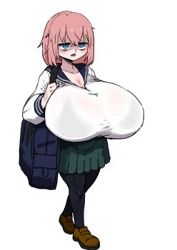Rule 34 | 1girl, bag, bags under eyes, black pantyhose, blood, blue eyes, blush, bra visible through clothes, breasts, brown shoes, chamtree, cleavage, gigantic breasts, green skirt, long hair, michinoku komaro, nosebleed, open mouth, pantyhose, pink hair, school bag, school uniform, seitokai ni mo ana wa aru!, shirt, shoes, shoulder bag, skirt, solo, standing, white background, white shirt