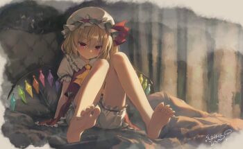 1girl absurdres ascot barefoot blonde_hair bloomers closed_mouth collared_shirt commentary crystal_wings feet flandre_scarlet foot_focus frilled_shirt_collar frilled_skirt frilled_sleeves frills full_body hair_between_eyes hat hat_ribbon highres long_hair mob_cap red_eyes red_ribbon red_skirt red_vest ribbon sharp_toenails shirt short_sleeves side_ponytail sitting skirt skirt_set slit_pupils solo symbol-only_commentary toenails toes touhou underwear upskirt vest white_bloomers white_hat white_shirt wings yellow_ascot youyueyue