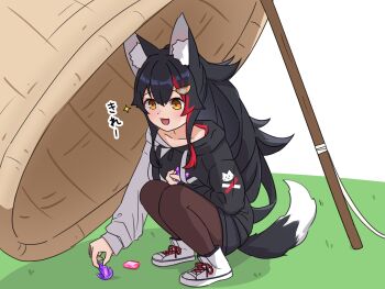 Rule 34 | 1girl, animal ear fluff, animal ears, black hair, black hoodie, black pantyhose, black shorts, blush, commentary request, hair ornament, hairpin, highres, hololive, hood, hoodie, long hair, looking at viewer, morotade kudou, multicolored hair, ookami mio, ookami mio (hoodie), open mouth, pantyhose, red streaks, shoes, shorts, smile, solo, streaked hair, tail, two-tone hoodie, very long hair, virtual youtuber, white hoodie, white shoes, wolf ears, wolf girl, wolf tail, yellow eyes